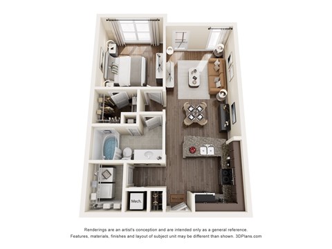 Floor plan for 1 bed, 1 bath, 712 sqft
